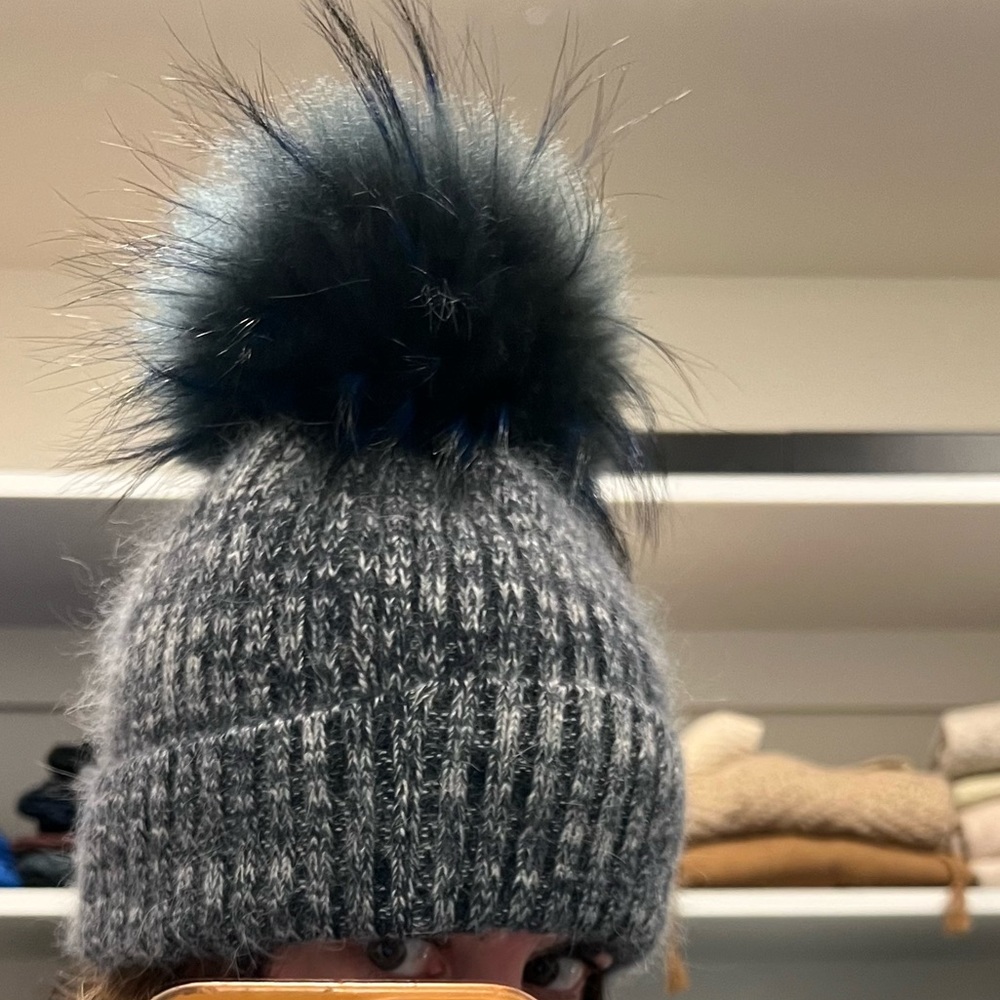 Linda Richards Wool/Angora Beanie with Genuine Fur Pom